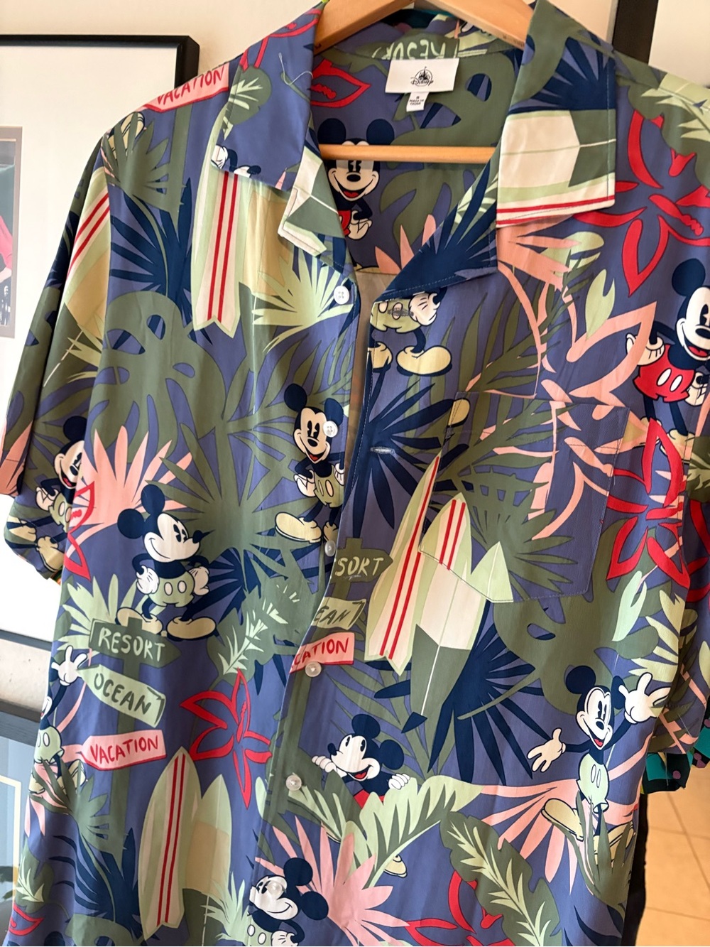 Disney Olive, Blue & Pink Mickey Mouse Tropical Camp Shirt